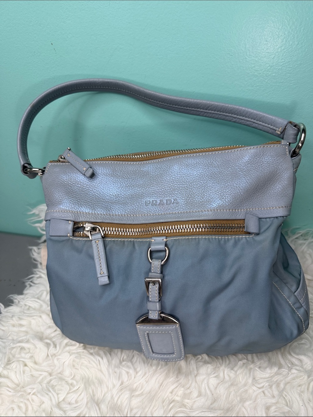 Prada Leather/Nylon Powder Blue Shoulder Bag